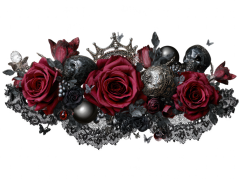 Gothic arrangement of deep red roses skulls ornate spheres and lace isolated on transparent background