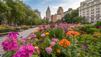 Urban Oasis: A vibrant array of colorful flowers blooms in the foreground, leading the eye toward a cityscape, representing harmony between urban development and nature.