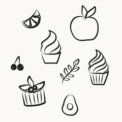Ink Sweet Dessert Food Illustration. Abstract Summer Rest and Vacation Resort Travel Theme Decorative Contour Line Symbol. Fresh Morning Breakfast or Dinner Lunch Symbol Icon