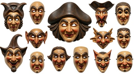 Collection of fifteen ornate painted theatrical masks with exaggerated features  expressions