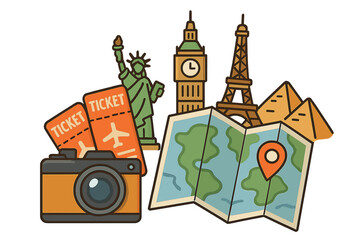 Travel essentials for an adventurous journey with camera, flight tickets, world map, and iconic landmarks like Statue of Liberty, Big Ben, Eiffel Tower, and pyramids, vector cartoon illustration