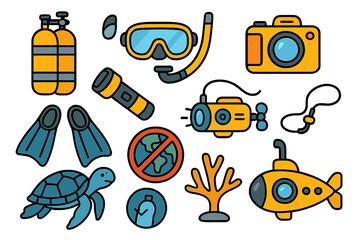 Colorful underwater exploration tools and marine life conservation icons, cartoon style vector set with scuba gear, diving equipment, turtle, coral, and eco protection symbols
