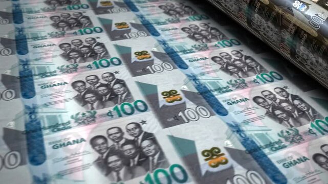 Ghana Cedi Ghanaian money banknotes printing roll machine loop. Paper 100 GHC bank note print 3d looping seamless. Abstract concept of banking, finance, economy and crisis.