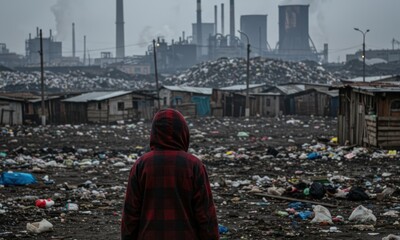 Obraz premium Hooded person views a trash-filled shantytown and polluting industrial complex under a grim sky, depicting poverty and environmental decay.