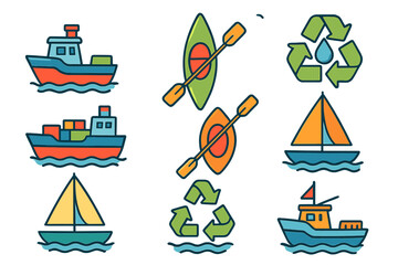 Colorful marine-themed vector icons featuring boats, kayaks, sailboats, and eco-friendly recycling symbols in a vibrant cartoon style on transparent background