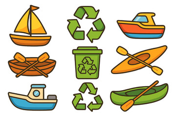 Colorful Marine-Themed Icons Set with Boats, Kayaks, and Recycling Symbols, Cartoon Style Vector Illustration, Transparent Background, Nautical and Environmental Elements