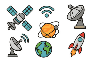 Various symbols and icons representing space exploration, satellite technology, antennas, rockets, planets, and wireless communication in vector cartoon style with transparent background