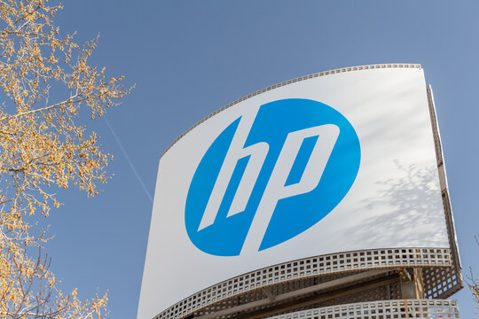 Madrid, Spain - March 17, 2019. HP logo on HP building
