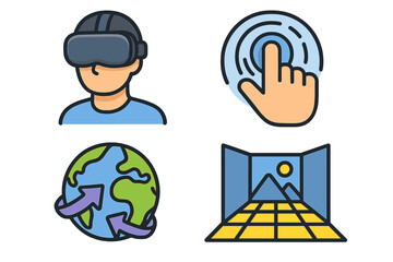 Virtual reality icons representing immersive technology, user interaction, global connectivity, and digital environments in cartoon style, vector illustration on transparent background