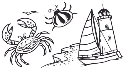 Coastal Creatures and Seascape A Whimsical Illustration