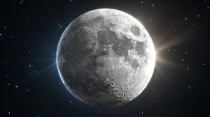 The Moon: Earth's only natural satellite, bathed in sunlight against a star-filled sky. A classic celestial view showcasing craters and lunar landscape.