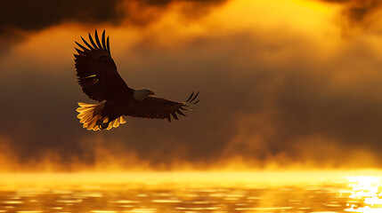 Obraz premium Bald eagle gracefully flies over a misty lake at sunrise, its silhouette reflecting in the water, embodying freedom and power