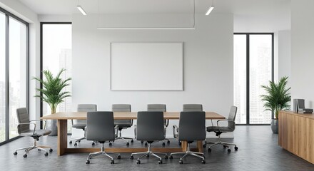 Conference room featuring a table chairs blank whiteboard plants and modern lighting fixtures