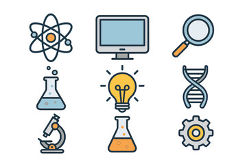 Modern vector symbols representing science, technology, research, innovation, laboratory equipment, DNA, chemistry, microscope, computer, magnifying glass, and ideas in cartoon style