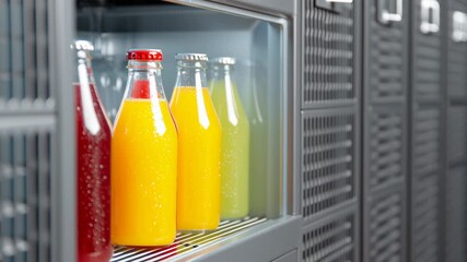 Hand grabbing cold orange juice bottle from mini fridge filled with colorful bottles creating refreshing vibrant moment cold day