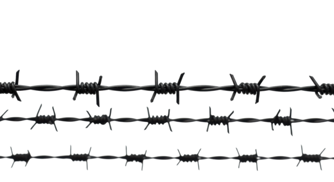 Multiple parallel sharp black barbed wire strands, precise and distinct, isolated on a transparent background in a minimalist studio with bright high-key lighting, razor-sharp focus, corporate