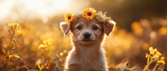 Puppy wearing a flower crown, golden daylight, shallow closeup lens