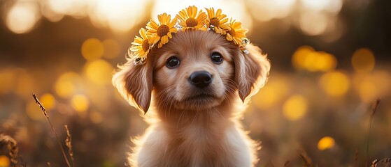 Puppy wearing a flower crown, golden daylight, shallow closeup lens