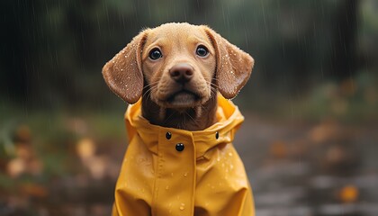 Puppy wearing tiny raincoat, soft daylight drizzle, cinematic close view