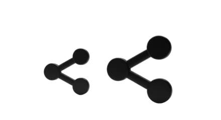 Two dynamic, polished 3D black share icons, minimalist design, isolated on a transparent background with ample negative copy space, modern digital communication concept