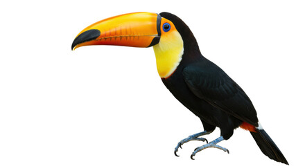 Naklejka premium Photorealistic Toco Toucan with vivid orange-yellow beak, bright blue eyes, glossy black plumage, perched on branch against a transparent studio background, high-key lighting, natural beauty concept