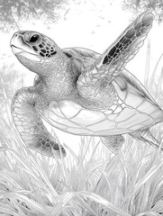 Sea turtle swimming through ocean grass coloring page
