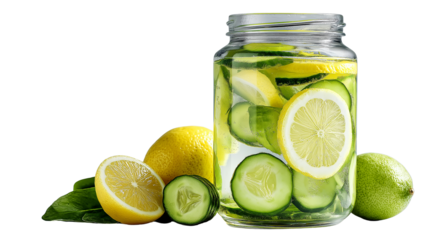 glass jar with detox water, lemon and cucumber slices