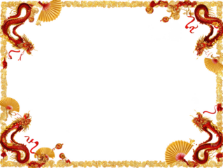 Ornate red dragon and golden fan border with chinese cloud motifs isolated on transparent background