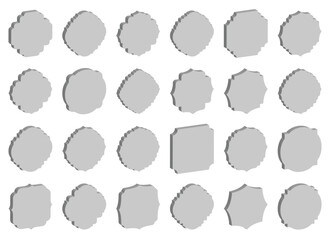 A diverse collection of stylized isometric grey shapes. Variety of intricate designs and styles creates an interesting and unique pattern against a white background.