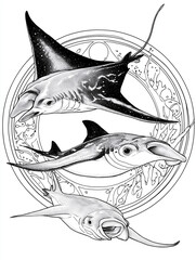Sharks and stingray swimming in a circle coloring page
