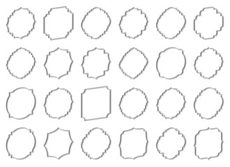 A collection of 24 isolated frames in assorted shapes with slight shadows, uniformly arranged against a stark white backdrop, evokes elegance, style and classic design.