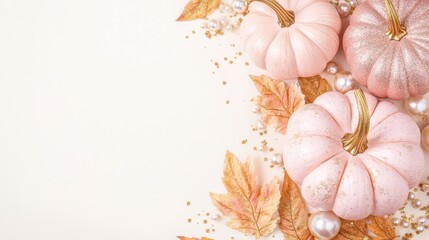 Elegant autumn arrangement featuring pink pumpkins, golden leaves, and pearls.