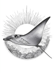 Manta ray with sunburst and coral reef coloring page
