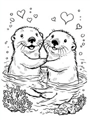 Adorable otter couple holding hands in water coloring page
