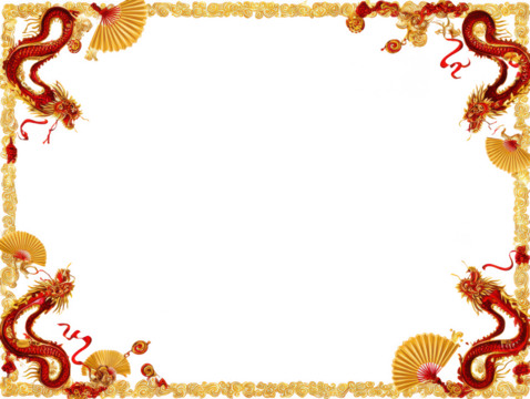 Ornate red dragon and golden fan border with chinese cloud motifs isolated on transparent background