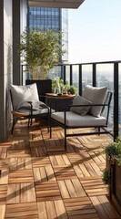 Fototapeta premium Modern balcony with light-colored furniture and a potted plant