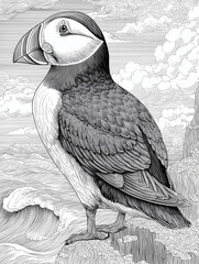 Realistic puffin bird illustration in black and white
