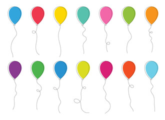 A celebratory arrangement of simple balloon illustrations in a variety of colors adorns a clean, white backdrop, suggesting a party or festive gathering. 