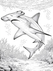 Hammerhead shark swimming through coral reef underwater scene
