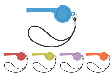 This image shows a set of whistles, each with a black lanyard. The whistles are colored red, yellow, orange, blue and lavender on a white background.