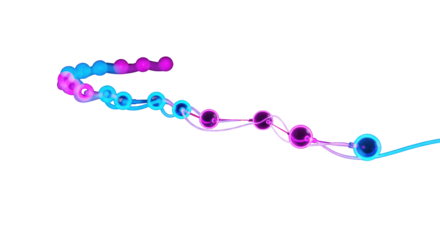 Dynamic abstract glowing nodes, blue, purple, magenta, with pulsating light trails and shallow depth-of-field, against a dark high-tech studio background. Concept of futuristic data networks