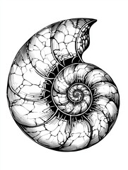 Spiral seashell cracked texture black and white drawing
