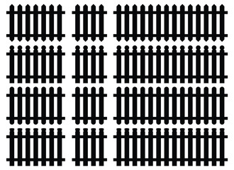 This image displays a variety of fence designs in black silhouette. The different styles provide options for creating a boundary or enclosing a yard or garden. They are simple in design.
