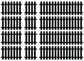 Silhouetted images of black picket fences featuring variations in the design of the fence post tops, all against a plain background.