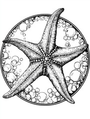 Starfish with bubbles underwater line art illustration
