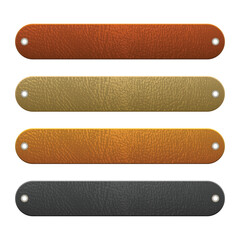 Four textured banners, simulating leather, in orange, tan, light orange, and black. Each has grommets for easy attachment, ideal for labels or decoration.