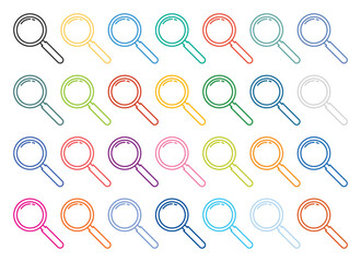 An array of vibrant, outlined magnifying glasses arranged in neat rows. Each glass has a different color showcasing a spectrum of the rainbow on a white background.