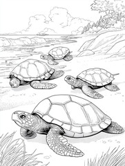 Mother turtle with baby turtles on beach line art illustration
