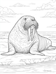 Walrus on arctic ice black and white line art illustration
