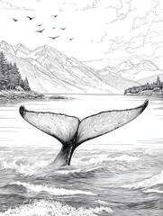 Whale tail emerging from ocean black and white line drawing
